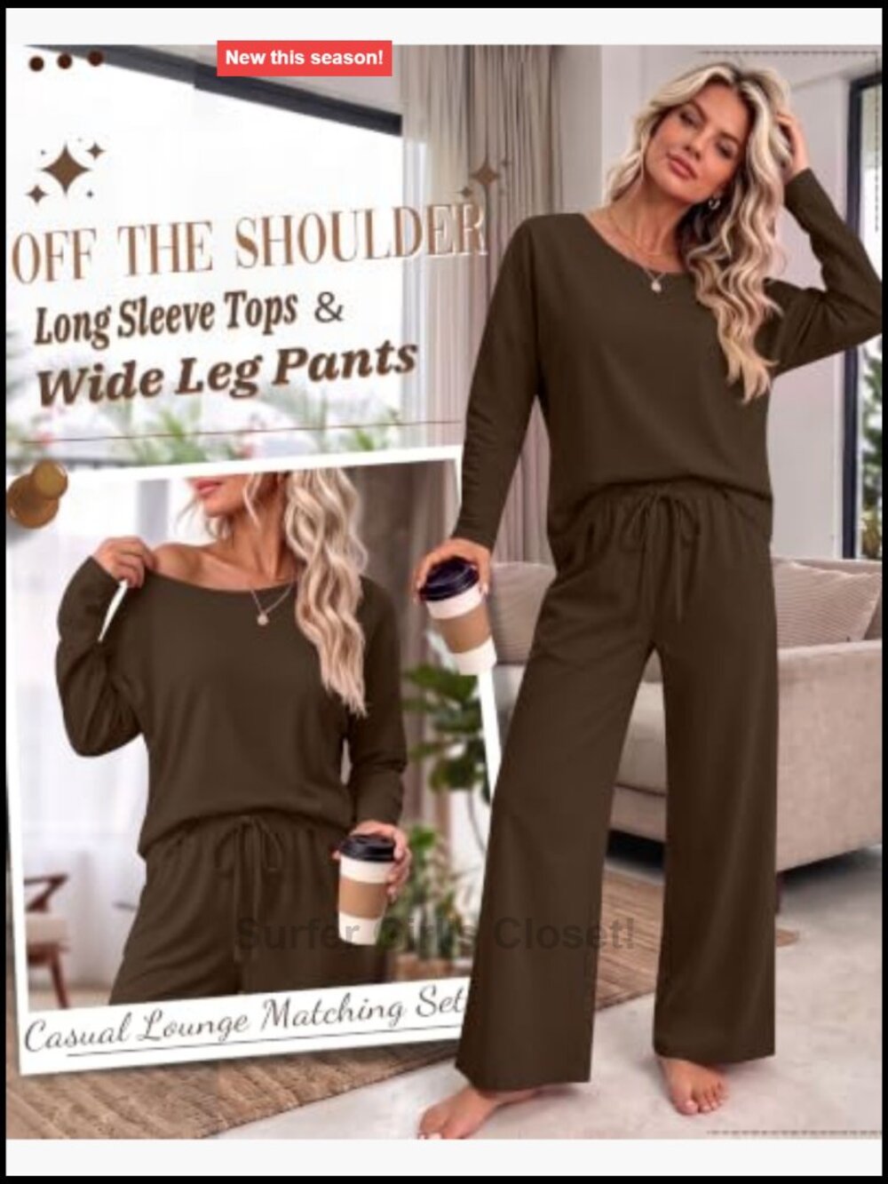Women's 2 Piece Lounge Set Off Shoulder Top Wide Leg Pants - Picture 3 of 6